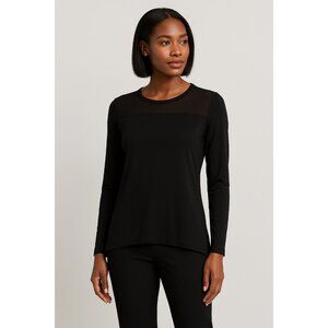 Tahari Black Long Sleeve Top Women’s Medium Sheer Mesh Yoke Hi-Low Hem Stretch